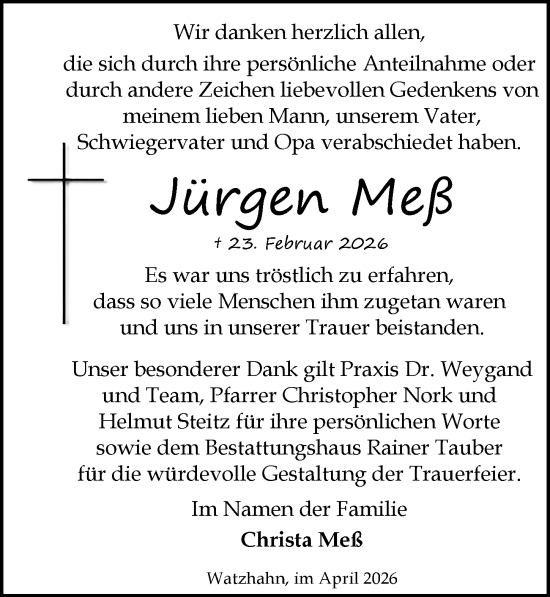 Traueranzeige von Jürgen Meß von Wiesbadener Kurier