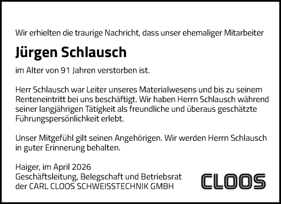 Traueranzeige von Jürgen Schlausch von Dill Block
