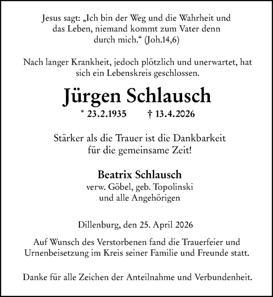 Traueranzeige von Jürgen Schlausch von Dill Block