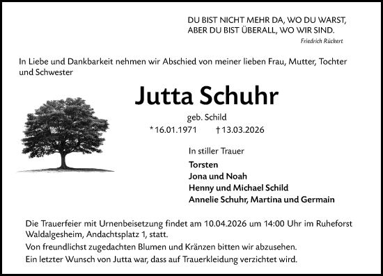 Traueranzeige von Jutta Schuhr von Binger-/Ingelheimer Wochenblatt