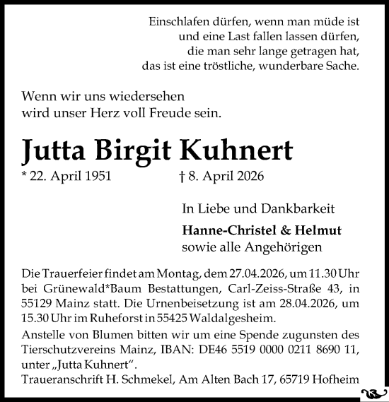 Traueranzeige von Jutta Birgit Kuhnert von Allgemeine Zeitung Mainz