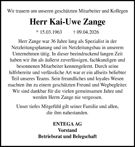 Traueranzeige von Kai-Uwe Zange von Odenwälder Echo