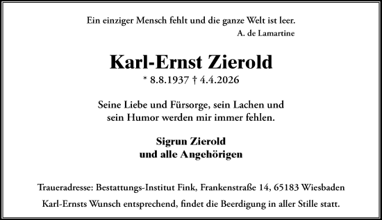 Traueranzeige von Karl-Ernst Zierold von Wiesbadener Kurier