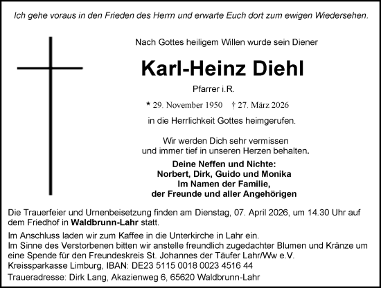 Traueranzeige von Karl-Heinz Diehl von Nassauische Neue Presse