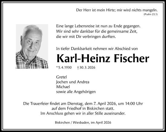 Traueranzeige von Karl-Heinz Fischer von Wetzlarer Neue Zeitung
