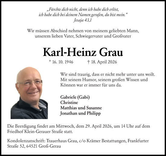 Traueranzeige von Karl-Heinz Grau von Groß-Gerauer Echo