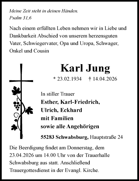 Traueranzeige von Karl Jung von Allgemeine Zeitung Mainz