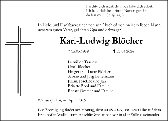 Traueranzeige von Karl-Ludwig Blöcher von Hinterländer Anzeiger