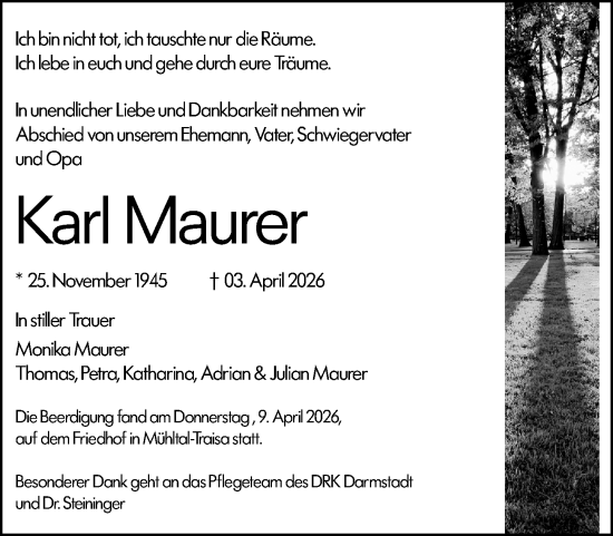 Traueranzeige von Karl Maurer von Darmstädter Echo