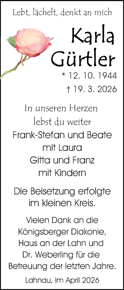Traueranzeige von Karla Gürtler von Wetzlarer Neue Zeitung