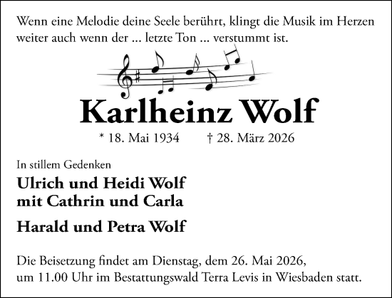 Traueranzeige von Karlheinz Wolf von Wiesbadener Kurier