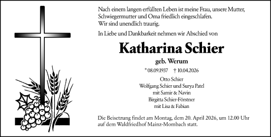 Traueranzeige von Katharina Schier von Allgemeine Zeitung Mainz