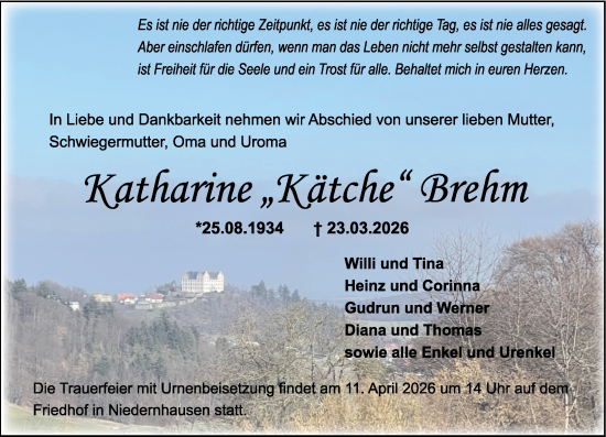 Traueranzeige von Katharine Brehm von Gersprenztaler Wochenblatt
