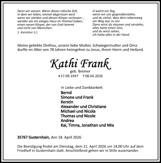 Traueranzeige von Kathi Frank von Dill Block