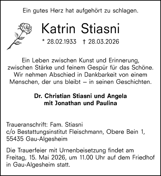 Traueranzeige von Katrin Stiasni von Allgemeine Zeitung Rheinhessen-Nahe