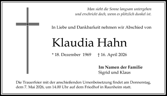 Traueranzeige von Klaudia Hahn von Rüsselsheimer Echo