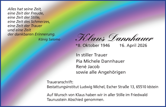 Traueranzeige von Klaus Dannhauer von Idsteiner Land/Untertaunus