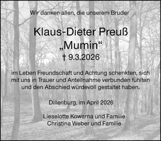 Traueranzeige von Klaus-Dieter Preuß von Dill Block