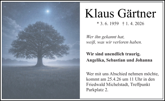 Traueranzeige von Klaus Gärtner von Odenwälder Echo