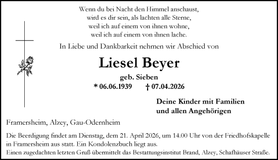 Traueranzeige von Liesel Beyer von Allgemeine Zeitung Alzey