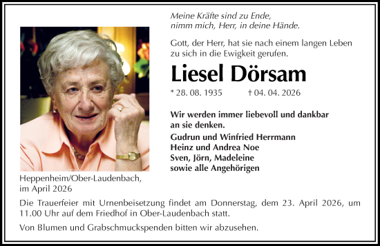 Traueranzeige von Liesel Dörsam von Starkenburger Echo