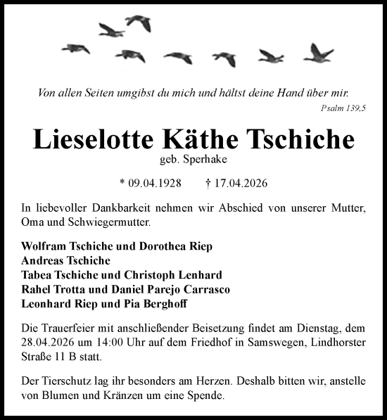 Traueranzeige von Lieselotte Käthe Tschiche von Dieburger Anzeiger/Groß-Zimmerner Lokal-Anzeiger