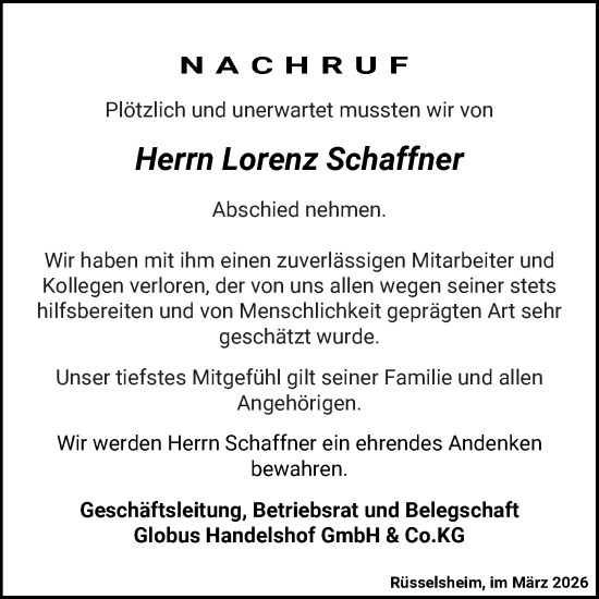 Traueranzeige von Lorenz Schaffner von Groß-Gerauer Echo