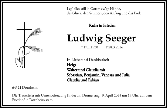 Traueranzeige von Ludwig Seeger von Groß-Gerauer Echo