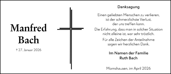 Traueranzeige von Manfred Bach von Hinterländer Anzeiger