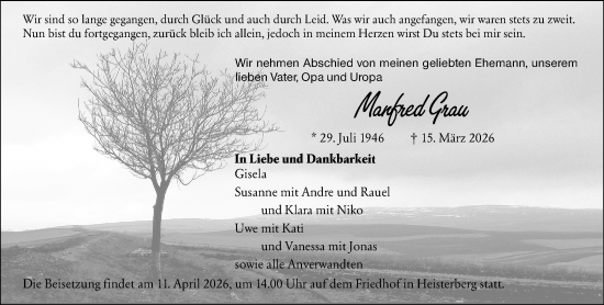 Traueranzeige von Manfred Grau von Dill Block