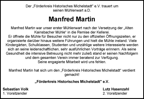 Traueranzeige von Manfred Martin von Odenwälder Echo