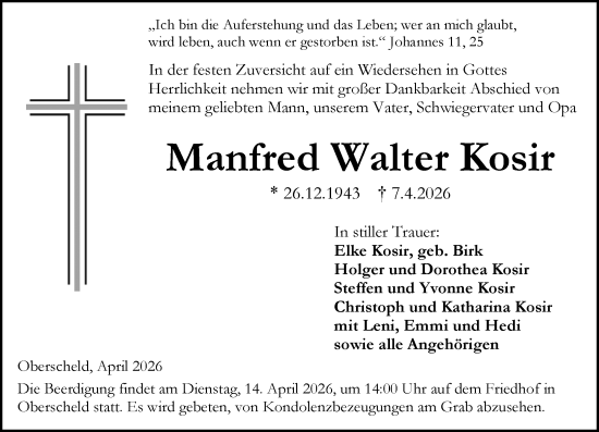 Traueranzeige von Manfred Walter Kosir von Dill Block