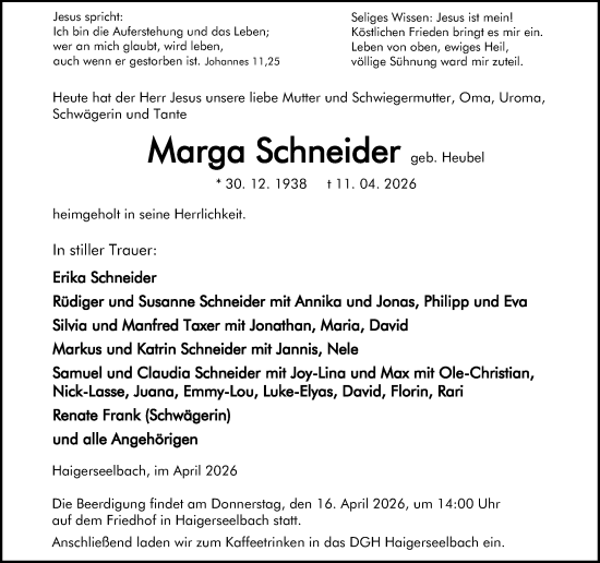 Traueranzeige von Marga Schneider von Dill Block