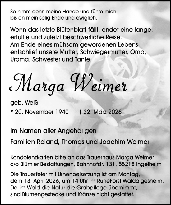 Traueranzeige von Marga Weimer von Binger-/Ingelheimer Wochenblatt