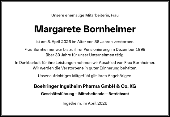 Traueranzeige von Margarete Bornheimer von Allgemeine Zeitung Alzey