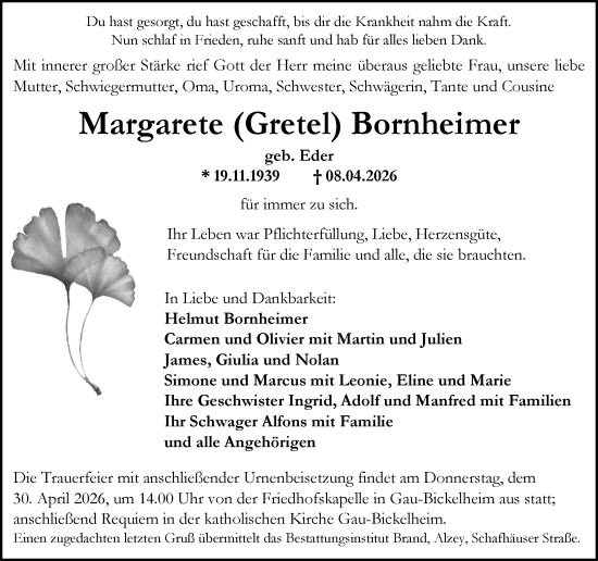 Traueranzeige von Margarete Bornheimer von Allgemeine Zeitung Alzey