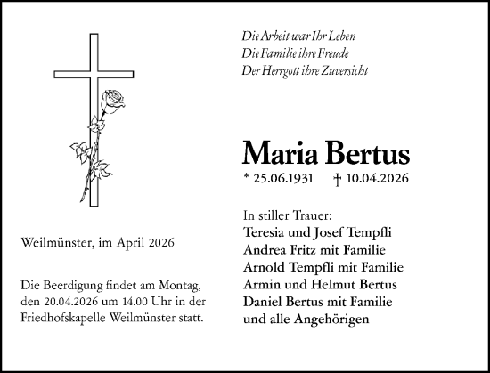 Traueranzeige von Maria Bertus von Weilburger Tageblatt