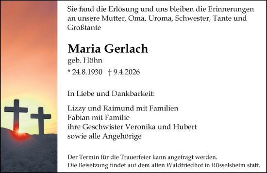 Traueranzeige von Maria Gerlach von Rüsselsheimer Echo