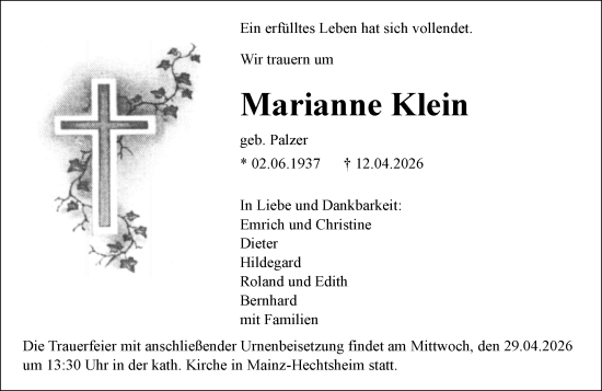 Traueranzeige von Marianne Klein von Allgemeine Zeitung Mainz