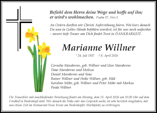 Traueranzeige von Marianne Willner von Hinterländer Anzeiger