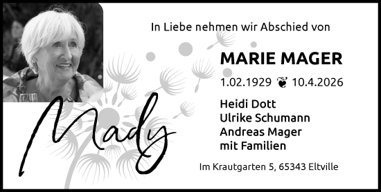 Traueranzeige von Marie Mager von Rheingau Kurier