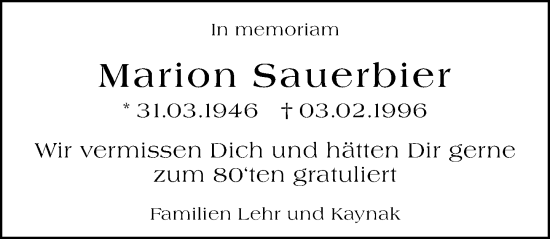 Traueranzeige von Marion Sauerbier von Odenwälder Echo