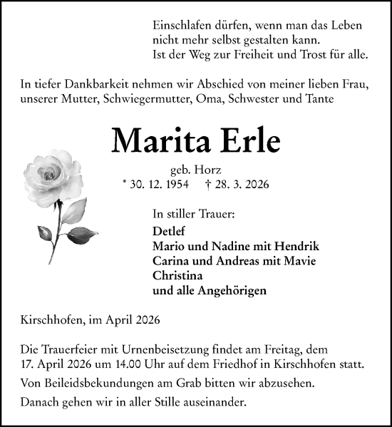 Traueranzeige von Marita Erle von Weilburger Tageblatt