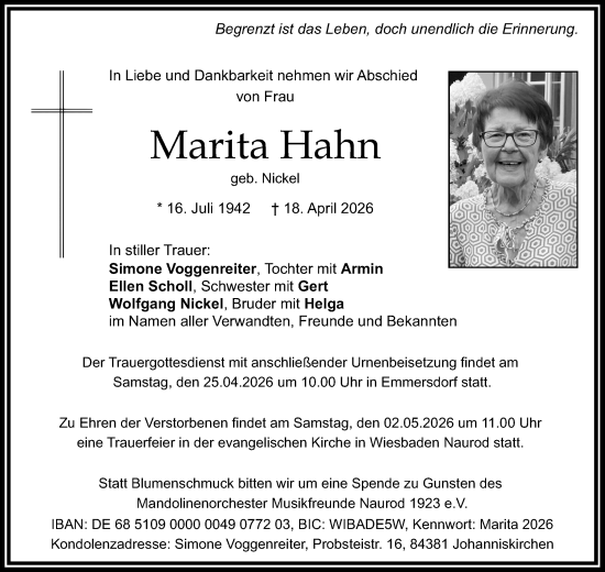 Traueranzeige von Marita Hahn von Wiesbadener Kurier