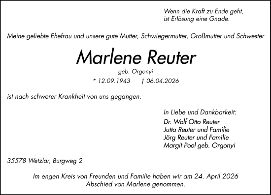 Traueranzeige von Marlene Reuter von Wetzlarer Neue Zeitung