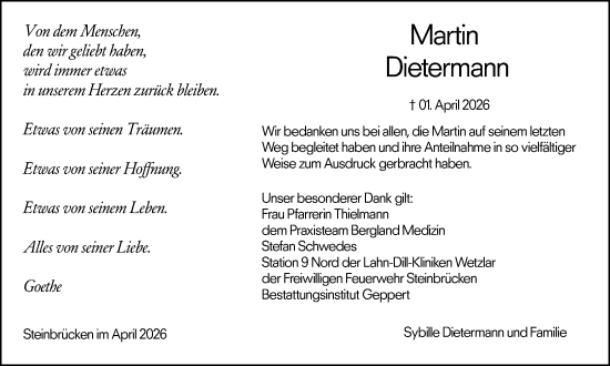 Traueranzeige von Martin Dietermann von Dill Block