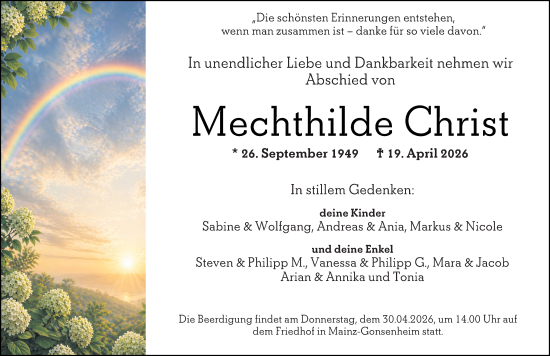 Traueranzeige von Mechthilde Christ von Allgemeine Zeitung Mainz