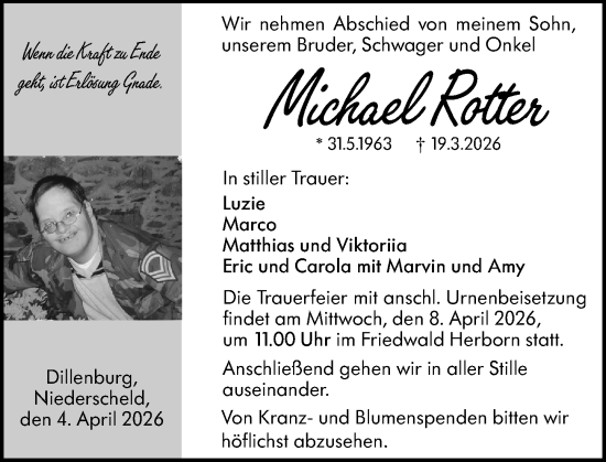 Traueranzeige von Michael Rotter von Dill Block
