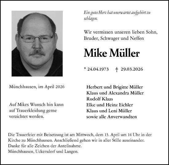 Traueranzeige von Mike Müller von Dill Block