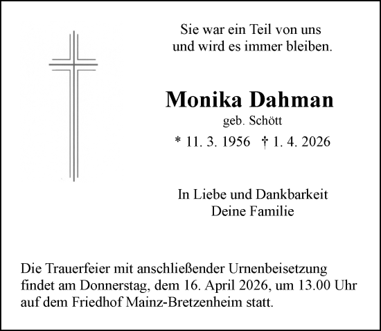Traueranzeige von Monika Dahman von Allgemeine Zeitung Mainz